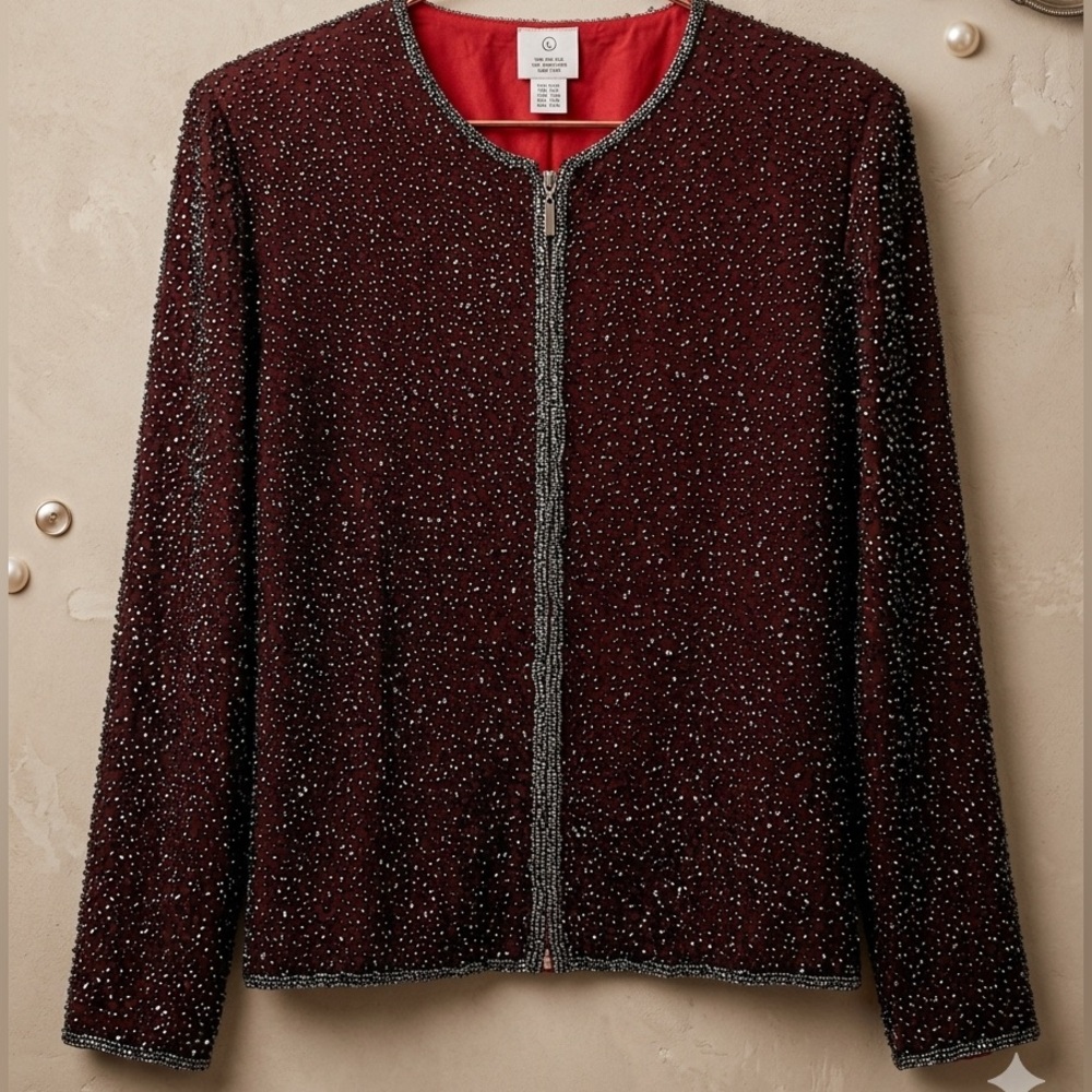 Vintage Laurence Kazar 80s 90s Sequin Silk Beaded Gatsby Evening Blazer Jacket - Picture 4 of 11